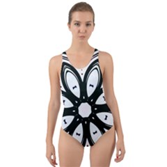 Black And White Floral Print Pattern Cut-out Back One Piece Swimsuit by SpinnyChairDesigns