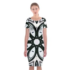 Black And White Floral Print Pattern Classic Short Sleeve Midi Dress by SpinnyChairDesigns