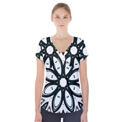 Black And White Floral Print Pattern Short Sleeve Front Detail Top by SpinnyChairDesigns