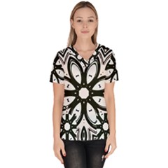 Black And White Floral Print Pattern Women s V-neck Scrub Top by SpinnyChairDesigns