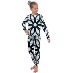 Black And White Floral Print Pattern Kids  Long Sleeve Set  by SpinnyChairDesigns