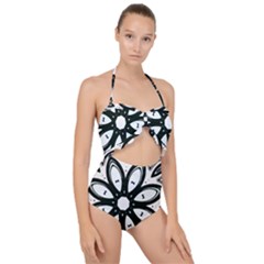 Black And White Floral Print Pattern Scallop Top Cut Out Swimsuit by SpinnyChairDesigns