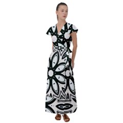 Black And White Floral Print Pattern Flutter Sleeve Maxi Dress by SpinnyChairDesigns