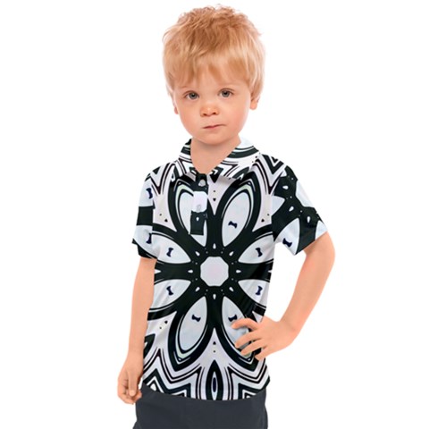 Black And White Floral Print Pattern Kids  Polo Tee by SpinnyChairDesigns