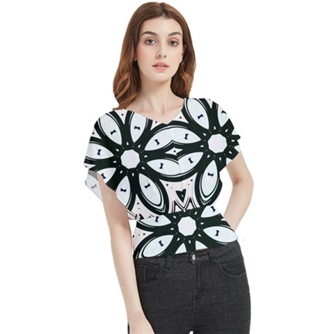 Black And White Floral Print Pattern Butterfly Chiffon Blouse by SpinnyChairDesigns