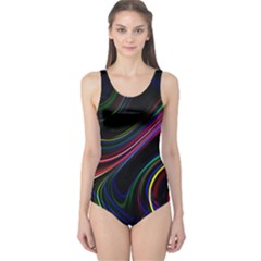 Neon Glow Lines On Black One Piece Swimsuit by SpinnyChairDesigns