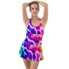 Colorful Tie Dye Pattern Texture Ruffle Top Dress Swimsuit by SpinnyChairDesigns