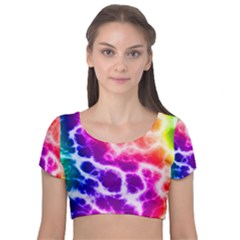 Colorful Tie Dye Pattern Texture Velvet Short Sleeve Crop Top  by SpinnyChairDesigns