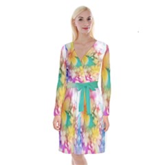 Watercolor Flowers Floral Print Long Sleeve Velvet Front Wrap Dress