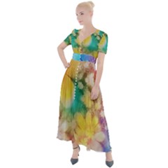 Watercolor Flowers Floral Print Button Up Short Sleeve Maxi Dress