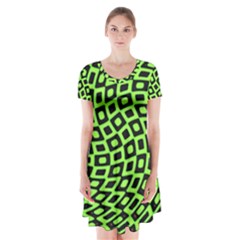 Abstract Black And Green Checkered Pattern Short Sleeve V-neck Flare Dress by SpinnyChairDesigns