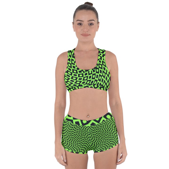 Abstract Black and Green Checkered Pattern Racerback Boyleg Bikini Set