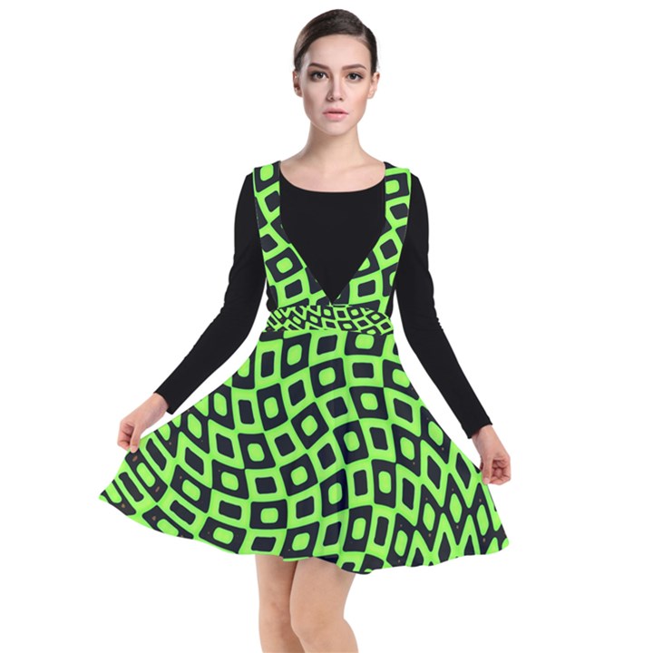 Abstract Black and Green Checkered Pattern Plunge Pinafore Dress