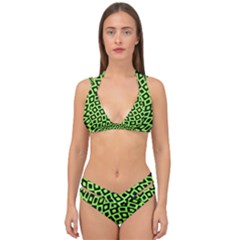 Abstract Black And Green Checkered Pattern Double Strap Halter Bikini Set by SpinnyChairDesigns