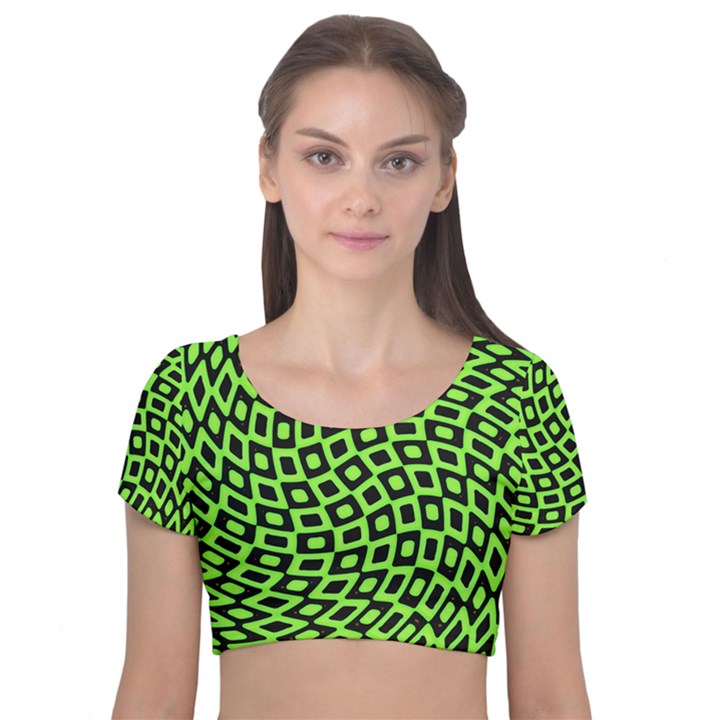 Abstract Black and Green Checkered Pattern Velvet Short Sleeve Crop Top 