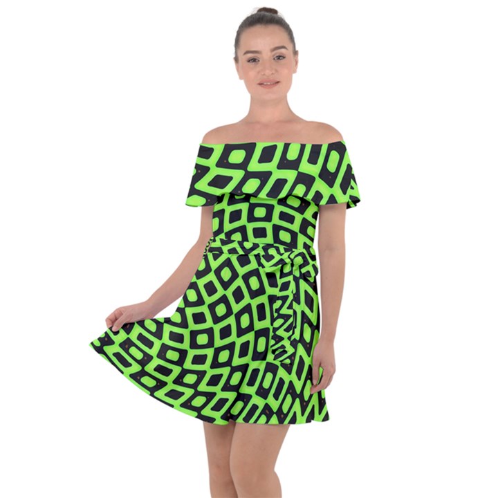 Abstract Black and Green Checkered Pattern Off Shoulder Velour Dress