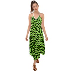 Abstract Black And Green Checkered Pattern Halter Tie Back Dress 