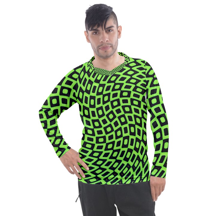 Abstract Black and Green Checkered Pattern Men s Pique Long Sleeve Tee