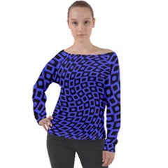 Abstract Black And Purple Checkered Pattern Off Shoulder Long Sleeve Velour Top