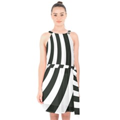 Black And White Zebra Stripes Pattern Halter Collar Waist Tie Chiffon Dress by SpinnyChairDesigns