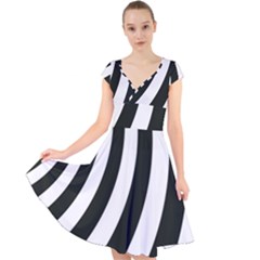 Black And White Zebra Stripes Pattern Cap Sleeve Front Wrap Midi Dress by SpinnyChairDesigns