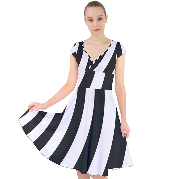 Black and White Zebra Stripes Pattern Cap Sleeve Front Wrap Midi Dress