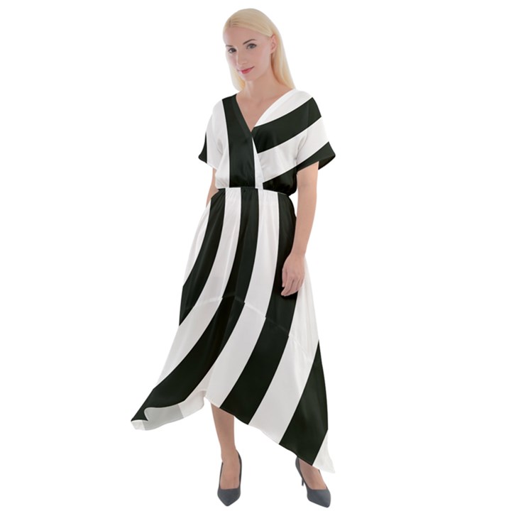 Black and White Zebra Stripes Pattern Cross Front Sharkbite Hem Maxi Dress