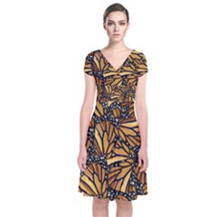 Monarch Butterfly Wings Pattern Short Sleeve Front Wrap Dress by SpinnyChairDesigns