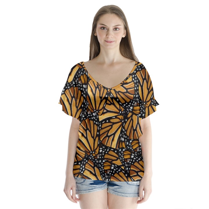 Monarch Butterfly Wings Pattern V-Neck Flutter Sleeve Top