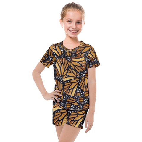 Monarch Butterfly Wings Pattern Kids  Mesh Tee And Shorts Set by SpinnyChairDesigns