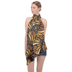 Monarch Butterfly Wings Pattern Halter Asymmetric Satin Top by SpinnyChairDesigns