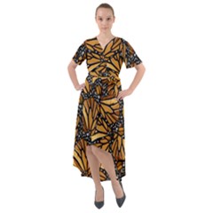 Monarch Butterfly Wings Pattern Front Wrap High Low Dress by SpinnyChairDesigns