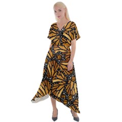 Monarch Butterfly Wings Pattern Cross Front Sharkbite Hem Maxi Dress by SpinnyChairDesigns