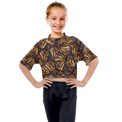 Monarch Butterfly Wings Pattern Kids Mock Neck Tee by SpinnyChairDesigns