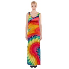 Colorful Dark Tie Dye Pattern Thigh Split Maxi Dress by SpinnyChairDesigns