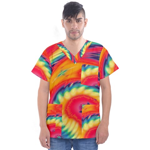 Colorful Dark Tie Dye Pattern Men s V-neck Scrub Top by SpinnyChairDesigns