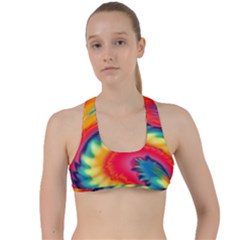 Colorful Dark Tie Dye Pattern Criss Cross Racerback Sports Bra by SpinnyChairDesigns