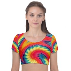 Colorful Dark Tie Dye Pattern Velvet Short Sleeve Crop Top  by SpinnyChairDesigns