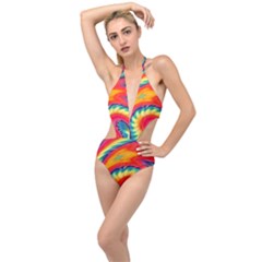 Colorful Dark Tie Dye Pattern Plunging Cut Out Swimsuit by SpinnyChairDesigns