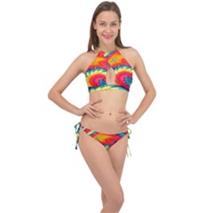 Colorful Dark Tie Dye Pattern Cross Front Halter Bikini Set by SpinnyChairDesigns