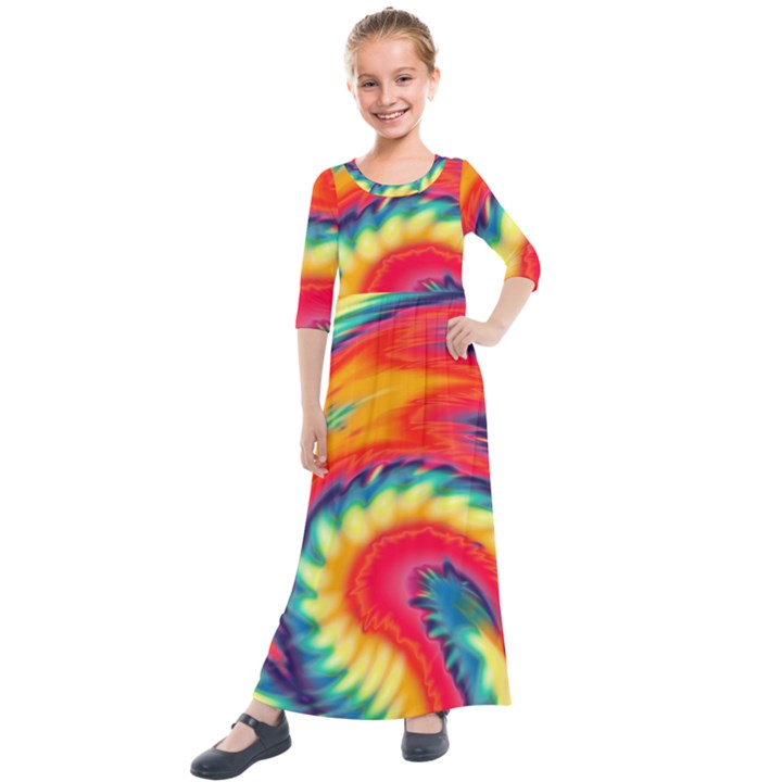 Colorful Dark Tie Dye Pattern Kids  Quarter Sleeve Maxi Dress