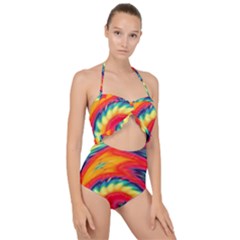 Colorful Dark Tie Dye Pattern Scallop Top Cut Out Swimsuit by SpinnyChairDesigns