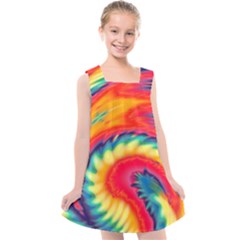 Colorful Dark Tie Dye Pattern Kids  Cross Back Dress by SpinnyChairDesigns