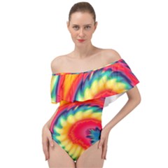 Colorful Dark Tie Dye Pattern Off Shoulder Velour Bodysuit  by SpinnyChairDesigns