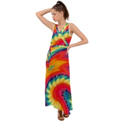 Colorful Dark Tie Dye Pattern V-neck Chiffon Maxi Dress by SpinnyChairDesigns