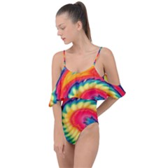 Colorful Dark Tie Dye Pattern Drape Piece Swimsuit by SpinnyChairDesigns