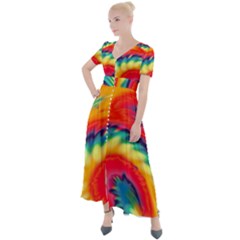 Colorful Dark Tie Dye Pattern Button Up Short Sleeve Maxi Dress by SpinnyChairDesigns