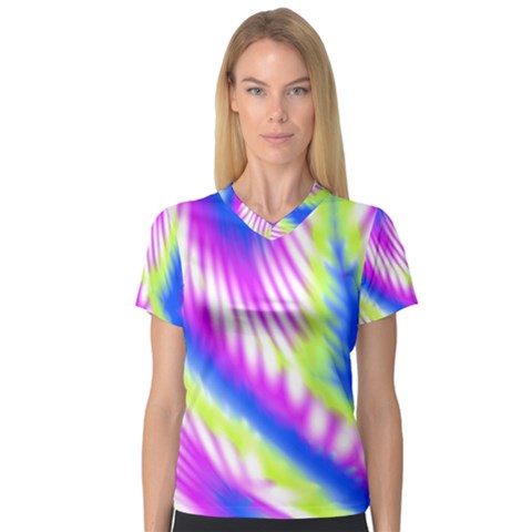 Colorful Blue Purple Pastel Tie Dye Pattern V-neck Sport Mesh Tee by SpinnyChairDesigns