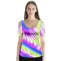 Colorful Blue Purple Pastel Tie Dye Pattern Butterfly Sleeve Cutout Tee 