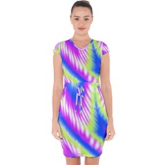 Colorful Blue Purple Pastel Tie Dye Pattern Capsleeve Drawstring Dress 